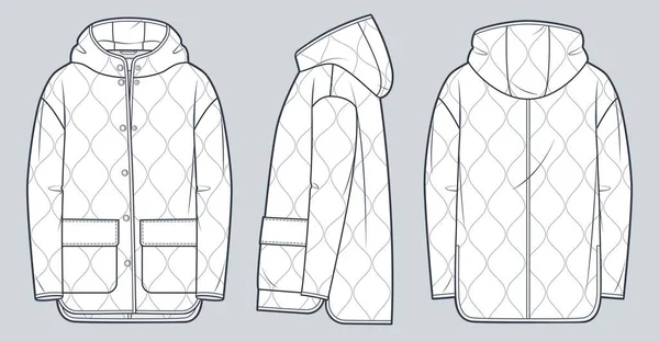 Hooded Jacket Moda Técnica Ilustração Acolchoado Acolchoado Jacket Moda Plana — Vetor de Stock