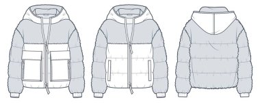 Kapüşonlu Kürk Ceket Teknik Moda İllüstrasyonu. Down Jacket, Outerwear moda düz çizim şablonu, fermuar, cep, ön ve arka görüş, beyaz, kadın, erkek, unisex CAD model seti.