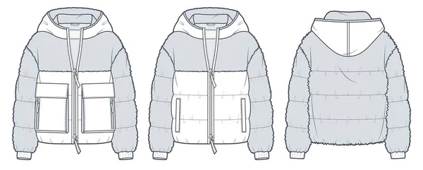 Hooded Fur Jacket Moda Técnica Ilustração Jacket Outerwear Moda Plana — Vetor de Stock