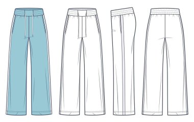 Çizgili Bacak Koşucu Pantolon Düz Teknik Çizim Şablonu. Sweat Pants teknik moda illüstrasyonu, cep, ön, yan ve arka görüş, beyaz, mavi renk, kadınlar, erkekler, unisex CAD model seti. 
