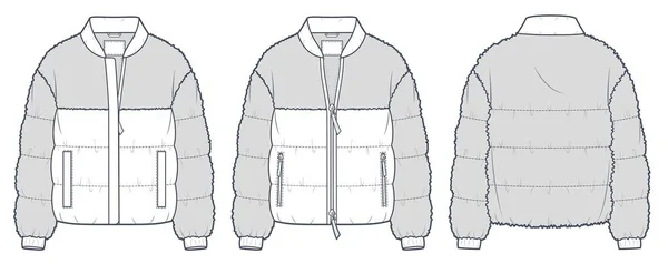 Fur Bomber Jacket技术时尚说明 下装夹克衫 户外服装 平面技术制图模板 单面Cad造型 — 图库矢量图片