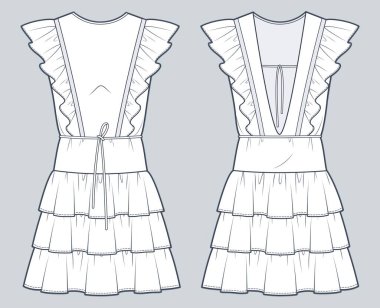 Kadınlar Mini Elbise Teknik Moda İllüstrasyonu. Sıralı moda düz çizim şablonu, fırfırlı, kesme, mini boy, ön ve arka görüş, beyaz, kadın CAD modeli.    