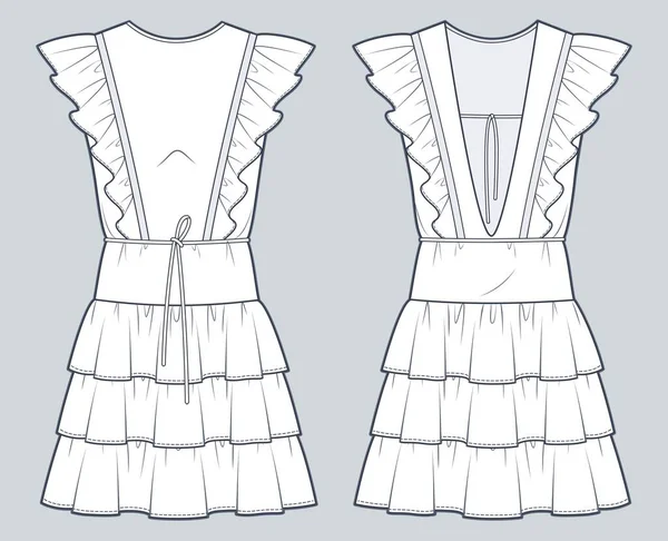 Mulheres Mini Vestido Técnico Ilustração Moda Vestido Camadas Moda Plana —  Vetores de Stock