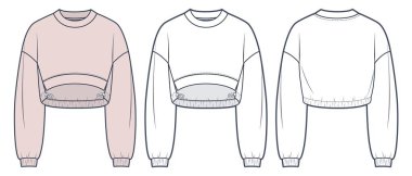 Unisex Crop Sweatshirt teknik moda illüstrasyonu. Asimetrik Sweatshirt moda düz çizim şablonu, ön ve arka görünüm, beyaz, moka rengi, kadınlar, erkekler, unisex CAD model seti.