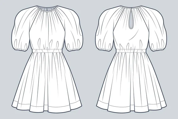 Mini Vestido Ilustração Moda Técnica Puff Sleeve Vestido Moda Plana — Vetor de Stock