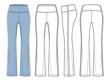Flared Leggings Pants Teknik moda illüstrasyonu, moda tasarımı. Stripes Sports Leggings moda düz çizim şablonu, ince uyum, ön, yan ve arka görüş, beyaz, mavi, kadın, erkek, unisex CAD model seti.