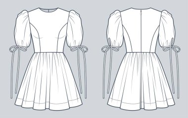 Kabarık Kollu Elbise Teknik Moda İllüstrasyonu. Mini elbise düz çizim şablonu, yuvarlak boyun, fermuar, kravat kolları, ön ve arka görüş, beyaz renk, kadın CAD modeli.