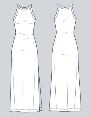 Straps Tank Top Dress teknik moda illüstrasyonu. Kadın Maxi Elbisesi Teknik Şablonu, mürettebat yakası, yan yarık, ön ve arka görüş, beyaz renk, tırtıklı, kadın CAD modeli.