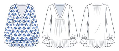 Kadınlar Ruffled Dress teknik moda illüstrasyonu, çiçek tasarımı. Mini Tunic Elbise Düz Teknik Şablon, fırfırlı detaylar, uzun kol, v yaka, büyük boy, ön ve arka görüş, beyaz, mavi, kadın CAD model seti.