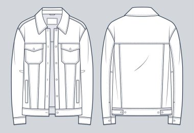 Denim Jacket Teknik Moda İllüstrasyonu. Jeans Jacket moda düz çizim şablonu, büyük boy, düğme kapama, cep, ön ve arka görünüm, beyaz, kadın, erkek, unisex CAD modeli. 