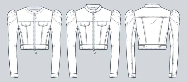 Zestaw Jeansowych Kurtek Zbożowych Technicznych Iluzoracja Mody Buff Sleeves Kurtka — Wektor stockowy