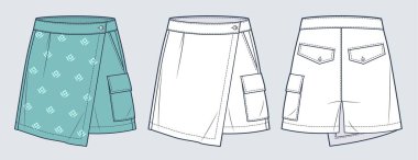   Kısa Pantolon teknik moda illüstrasyonu. Etek ve Şort düz teknikli çizim şablonu, önden, arkadan, beyaz, yeşil, kadın CAD model seti.