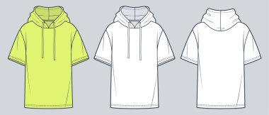 Kapüşonlu T-Shirt moda düz çizim şablonu. Unisex T-Shirt teknik tasviri, aşırı forma, kaput, kısa kol, ön ve arka görüş, beyaz, limon rengi, kadınlar, erkekler, unisex CAD model seti.