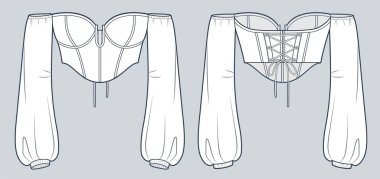  Omuz Üstü Cadı Korsesi Teknik Moda İllüstrasyonu. Büstiyer Top moda düz çizim şablonu, uzun kollu, dantelli, dar kesim, ön ve arka görünüm, beyaz, kadın CAD modeli.
