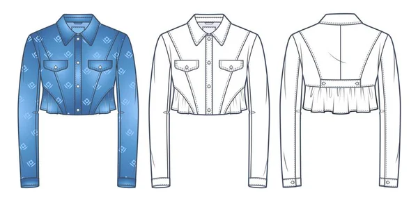 Denim Cropped Jacket Moda Techniczna Ilustracja Dżinsy Kurtka Moda Płaski — Wektor stockowy