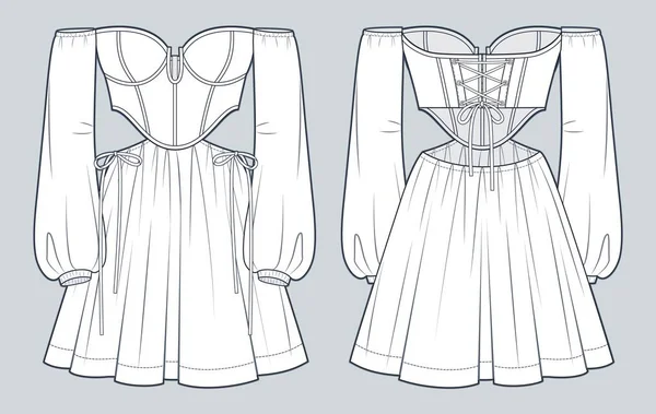 Shoulder Dress Hexenkleid Korsett Technische Mode Illustration Bustier Mini Kleid — Stockvektor