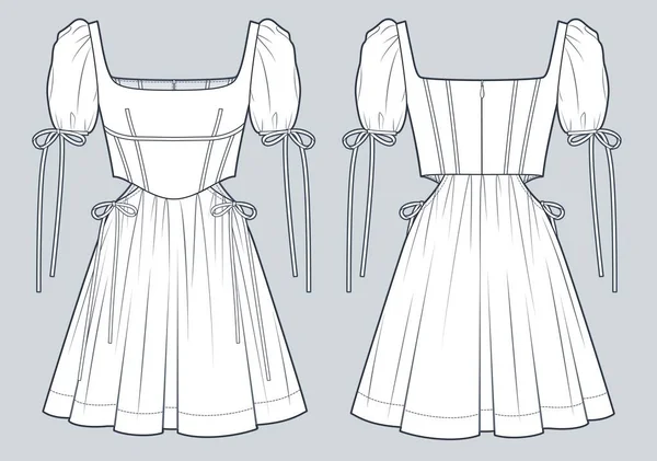 Mini Elbiseli Cadı Korse Teknik Moda Llüstrasyonu Kabarık Kollu Elbise — Stok Vektör