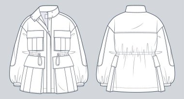 Unisex Parka Jacket technical fashion Illustration. Drawstring Jacket, Coat fashion flat technical drawing template, button closure, gusset pocket, oversize, front and back view, white, women, men, unisex CAD mockup. clipart