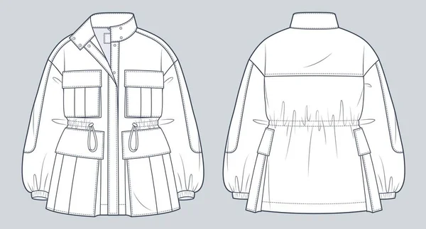 Unisex Parka Jacket 기술적 일러스트레이션 Drawstring Jacket Coat Way Flat — 스톡 벡터