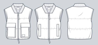 Kırpılmış Yelekli Yelek Teknik Moda İllüstrasyonu. Kolsuz Bombacı Ceketi Moda Düz Şablonu, cep, fermuar, ön ve arka görüş, beyaz, kadın, erkek, unisex CAD model seti.