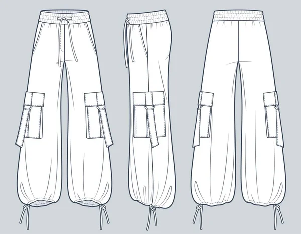 Geniş Bacak Pantolon Düz Moda Çizim Şablonu Drawstring Pants Teknik — Stok Vektör