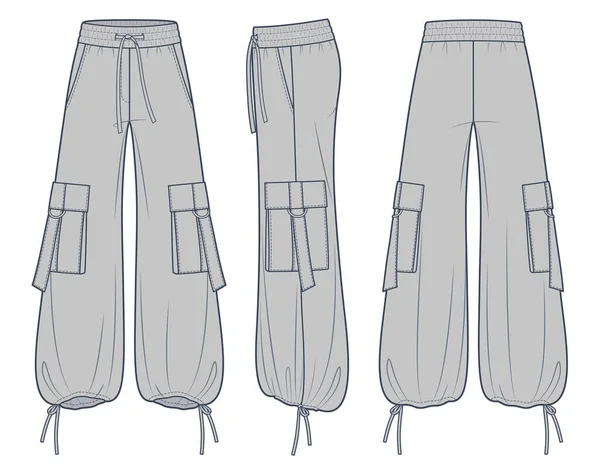 宽腿裤子技术时尚图解 时装设计 超大尺寸 弹性腰带 侧及后视镜 单面Cad模型 — 图库矢量图片