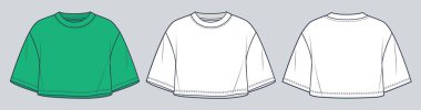 Kesilmiş T-Shirt teknik moda illüstrasyonu. Unisex Crop Top modadan düz teknikle çizim şablonu, aşırı uygun, ön, arka görüş, beyaz, yeşil renk, kadınlar, erkekler, unisex CAD modelleme seti.