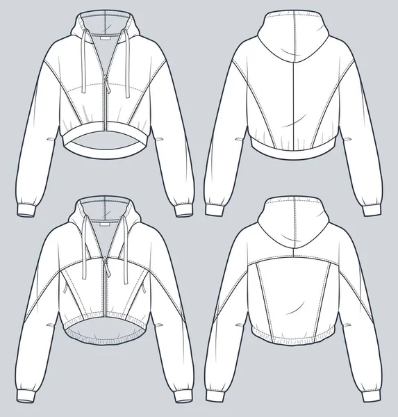 Set Hooded Sweatshirt Technical Fashion Illustration Batwing Sleeve Crop Hoodie — Stock Vector