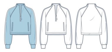Raglan Kollu Sweatshirt teknik moda illüstrasyonu, mavi tasarım. Çizgili Eşofman Kazağı Düz Teknik Şablon, fermuar, ön ve arka görünüm, beyaz, kadın, erkek, unisex CAD model seti.
