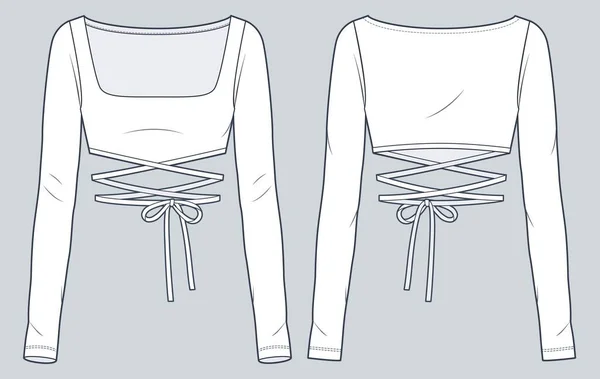 Tie Long Sleeve Top Fashion Flat Technical Drawing 템플릿 여성들의 — 스톡 벡터