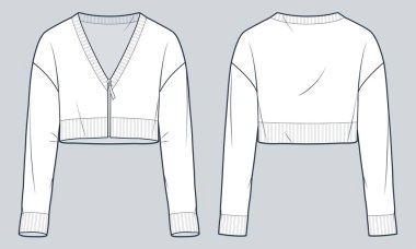 Fermuarlı Cardigan teknik moda illüstrasyonu. Kesilmiş örgü Cardigan moda düz çizim şablonu, v yaka, uzun kol, ön ve arka görüş, beyaz, kadın, erkek, unisex CAD modeli.