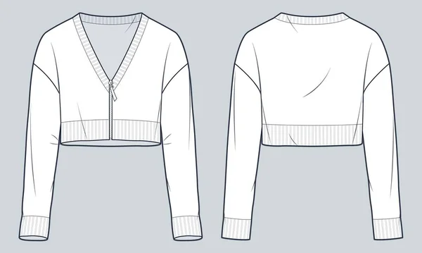 Ilustrasi Mode Teknis Zip Cardigan Cropped Knit Cardigan Fashion Flat - Stok Vektor