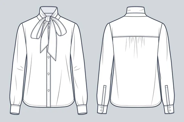 Bow Tie Neck Shirt Technical Fashion Illustration Button Shirt Blouse — Stock Vector