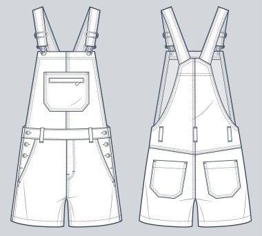 Denim Tulum ve Düz Teknik Çizim Şablonu. Short Dungarees, tulum teknik moda illüstrasyonu, cepler, rahat forma, ön ve arka görüş, beyaz, kadın, erkek, unisex CAD modeli.