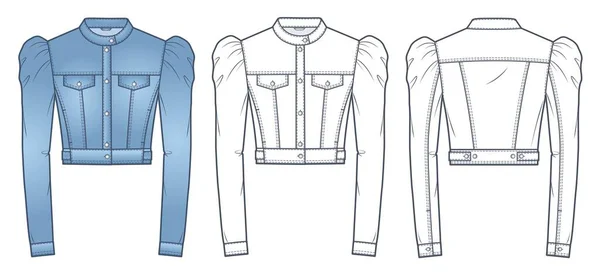 Καλλιεργημένη Τεχνική Ψευδαίσθηση Μόδας Denim Jacket Puff Μανίκι Σακάκι Μόδας — Διανυσματικό Αρχείο