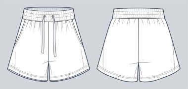 Unisex Sweat Shorts teknik moda illüstrasyonu. Kısa pantolon, düz teknik tasarım, elastik bel, ön ve arka görüş, beyaz renk, spor giyinen kadınlar, erkekler, unisex CAD modeli..