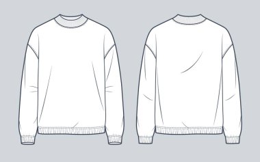 Sweatshirt teknik moda illüstrasyonu. Round Neck Sweatshirt düz çizim şablonu, tırtıklı, uzun kollu, rahat formda, ön ve arka manzara, beyaz renk, kadınlar, erkekler, unisex CAD modeli.