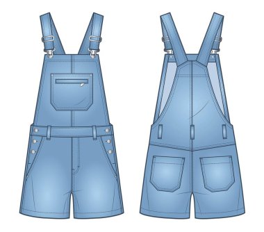  Denim Tulum moda tasarımı. Short Dungarees, tulum teknik moda illüstrasyonu, cepler, rahat forma, ön ve arka görüş, mavi, kadın, erkek, unisex CAD modeli.