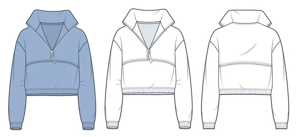 Ilustrasi Fashion Teknis Kaos Cincang Zipped Roll Neck Sweatshirt Fashion - Stok Vektor