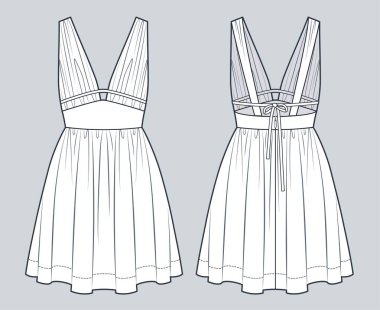 Teknik moda illüstrasyonunu giyin. V Neck Mini Elbise Düz Teknik Şablon, örtü, kravat, kolsuz, fermuarlı, ön, arka manzara, beyaz, kadın CAD modeli.