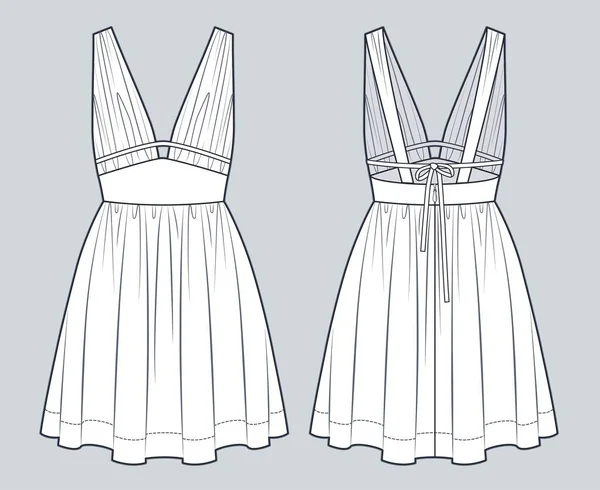 Ubierz Moda Techniczna Ilustracja Neck Mini Dress Moda Płaski Techniczny — Wektor stockowy