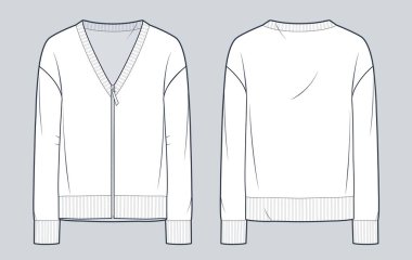 Fermuarlı Cardigan teknik moda illüstrasyonu. Sweatshirt moda düz çizim şablonu, v yaka, uzun kol, ön ve arka görüş, beyaz, kadın, erkek, unisex CAD modeli.