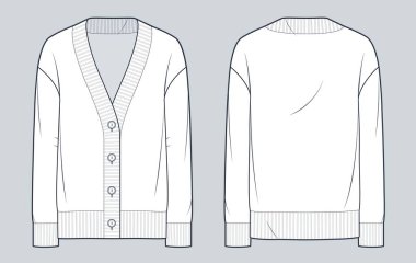 Cardigan 'ın teknik moda illüstrasyonunu kapat. Sweatshirt moda düz çizim şablonu, v yaka, uzun kol, ön ve arka görüş, beyaz, kadın, erkek, unisex CAD modeli.