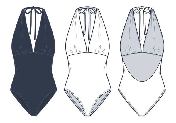 Halter One Piece Swimsuit Moda Plana Modelo Desenho Técnico Bodysuit — Vetor de Stock