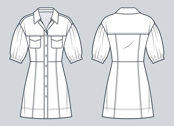 Denim Mini Dress Moda Techniczna Ilustracja Puff Sleeve Sukienka Moda — Wektor stockowy