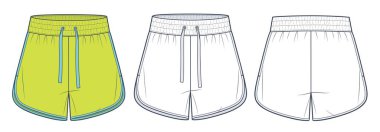 Sports Shorts teknik moda illüstrasyonu. Pijama Şortu Moda Düz Teknik Şablon, elastik bel, yan yarık, ön ve arka görüş, beyaz, sarı, kadın, erkek, unisex CAD model seti.