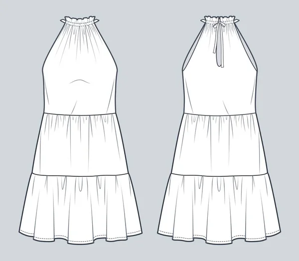 Halter Платье Технической Моды Иллюстрации Многоуровневые Платья Моды Плоский Технический — стоковый вектор