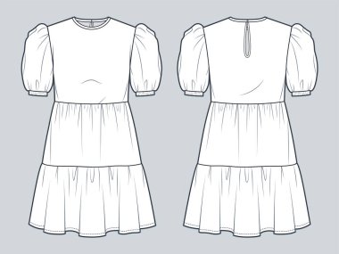 Kabarık Kollu Elbise Teknik Moda İllüstrasyonu. Sıralı moda düz çizim şablonu, mini uzunluklar, rahat uyum, ön ve arka görünüm, beyaz, kadın CAD model seti.    