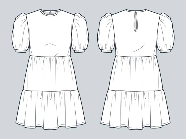 Kabarık Kollu Elbise Teknik Moda Llüstrasyonu Sıralı Moda Düz Çizim — Stok Vektör