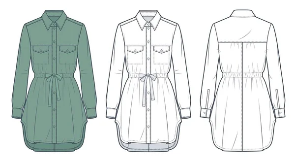 Hemd Kleid Technische Mode Illustration Kordelzug Kleidermode Flache Technische Zeichnungsvorlage — Stockvektor